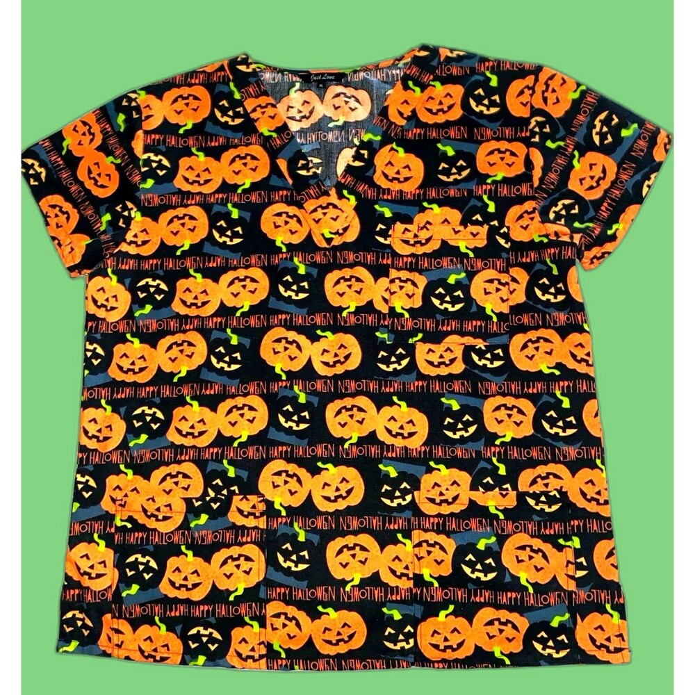 Just Love Halloween Pumpkin All Over Print Scrub Top XL